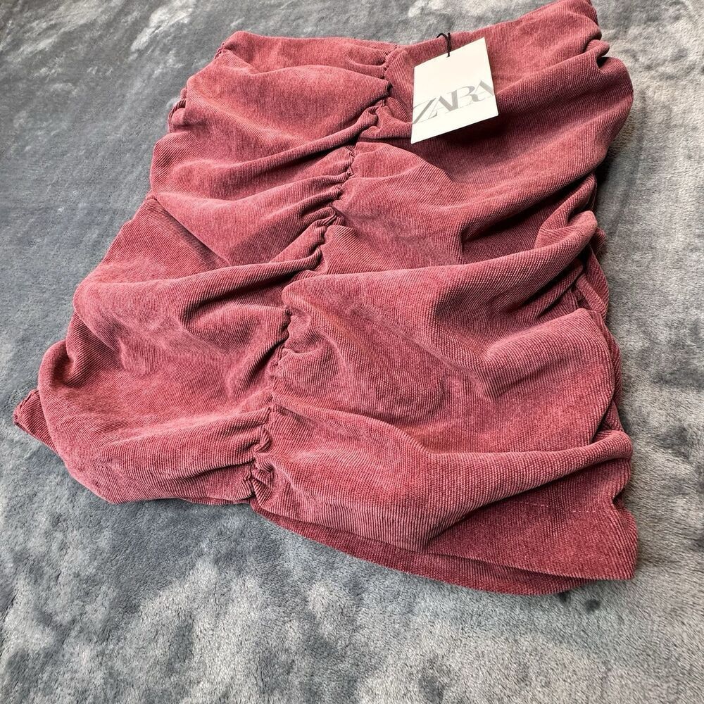 Zara Sz S Mini Skirt Ruched Corduroy Medium Burgundy Red Draped Ruffle Career - Picture 3 of 9
